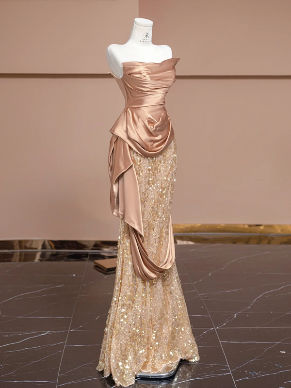Rose gold strapless, fitted, bodycon, sexy long ball gown/bridal dress R8328