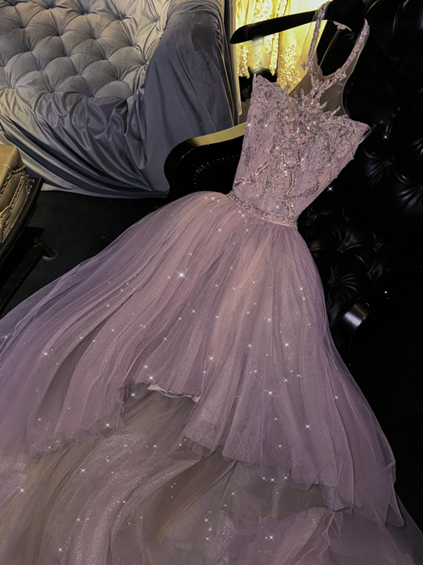 Light pinkish-purple halter neck, fitted waist, full skirt, long ball gown, bridal dress R8786