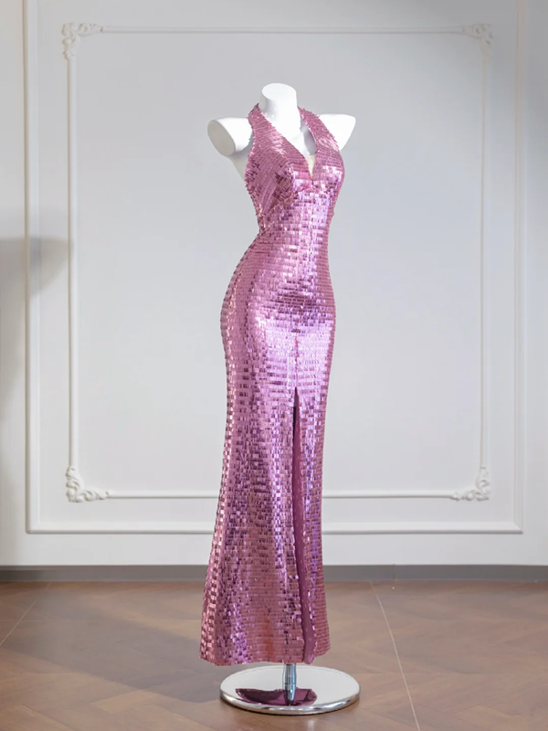 Light pink halter neck, fitted waist, sexy backless sequined long ball gown R8270