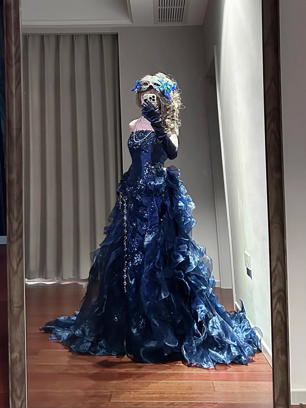Blue strapless fitted long ball gown R8633