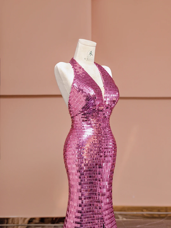 Light purple halter-neck sequined fitted waist bodycon sexy long ball gown, bridal dress R8390