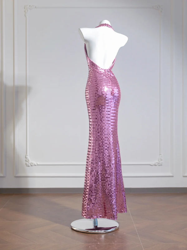 Light pink halter neck, fitted waist, sexy backless sequined long ball gown R8270