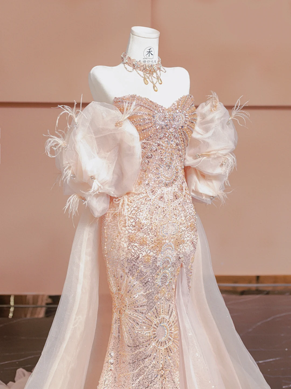 Light pink strapless fitted sequined long ball gown, bridal dress R8357