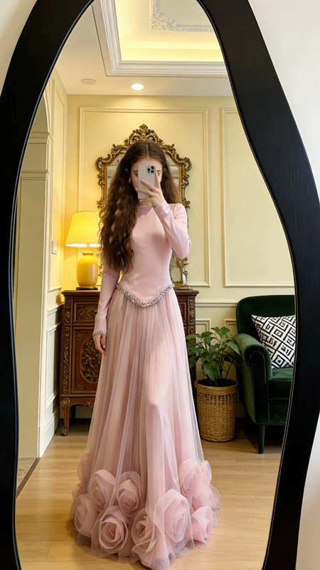 Light pink long-sleeved fitted long elegant ball gown/bridal dress R8602