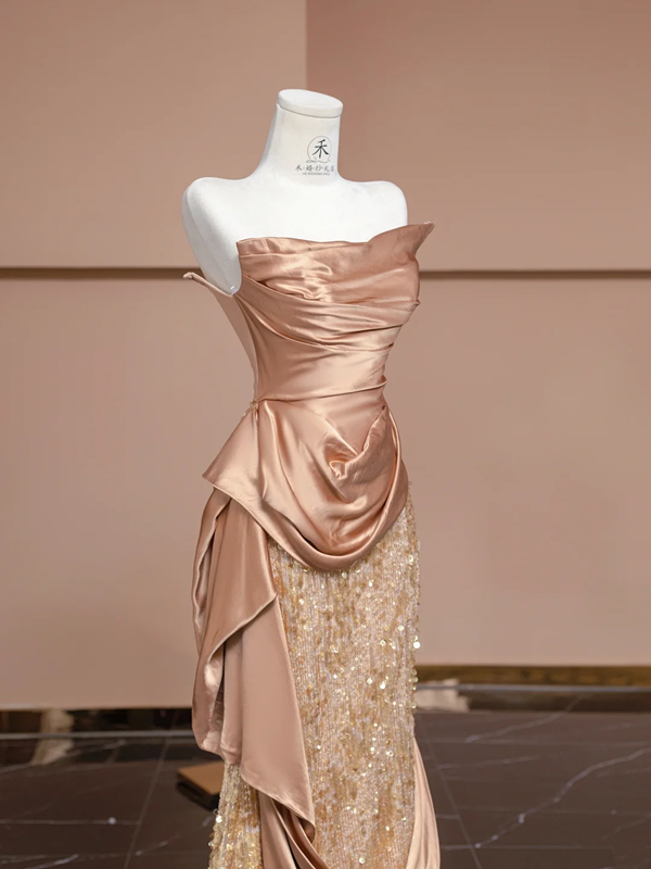 Rose gold strapless, fitted, bodycon, sexy long ball gown/bridal dress R8328