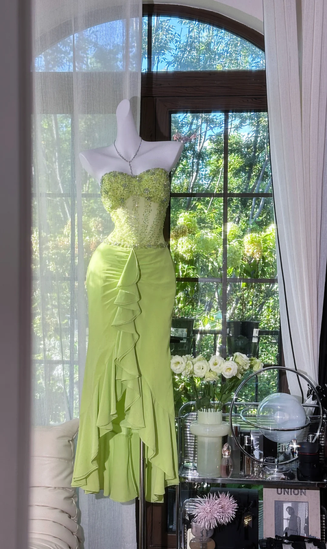 Light green strapless, fitted waist, rhinestone-embellished, sexy long ball gown R7745
