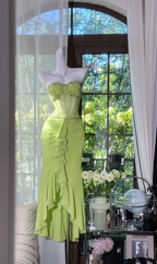 Light green strapless, fitted waist, rhinestone-embellished, sexy long ball gown R7745