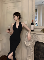 Retro skirt halter neck sexy V-neck temperament dress slit hip dress R1501