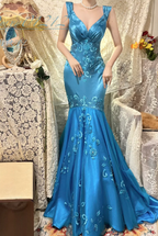 Vintage V Neck Embroidery Satin Beaded Mermaid Party Dress Blue Long Prom Dresses SP1780