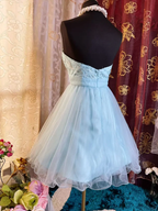 Elegant Strapless Blue Tulle Sequin Appliques A Line Short Homecoming Dress 19th Birthday Outfits SP80