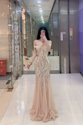 Light apricot off-the-shoulder fitted waist bodycon sexy long ball gown R7897