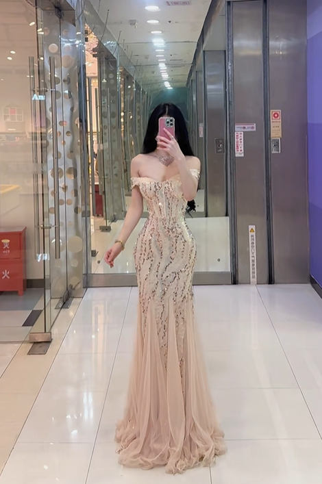 Light apricot off-the-shoulder fitted waist bodycon sexy long ball gown R7897