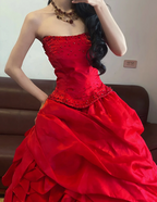 Red Strapless Waist-Cinched Puff-Skirt Ball Gown & Bridal Gown R7392