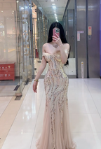 Light apricot off-the-shoulder fitted waist bodycon sexy long ball gown R7897