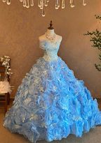 Light Blue Strapless Waist-Cinched Puffball Skirt Floor-Length Ball Gown, Bridal Gown R7356