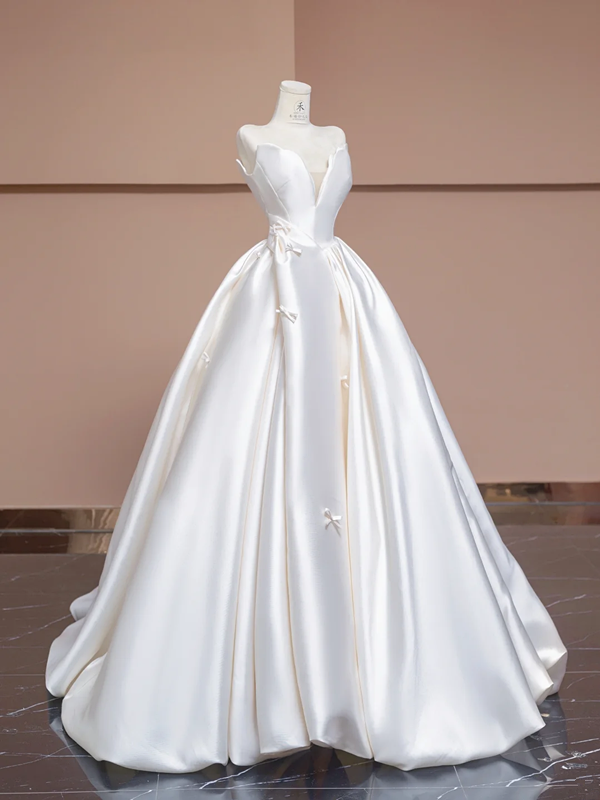 White strapless sexy fitted waist full skirt satin long ball gown/bridal dress R8301