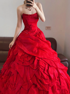Red Strapless Waist-Cinched Puff-Skirt Ball Gown & Bridal Gown R7392