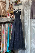 Navy blue sleeveless fitted waist sequined elegant long ball gown R7857