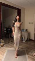 Light silver halter-neck sleeveless fitted waist bodycon sexy long ball gown R7550