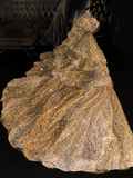 Gold sequined, fitted waist, cake skirt, long ball gown/bridal dress R8727