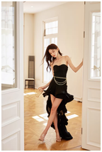 Sexy Strapless Black Ruffle Irregular Swallowtail Hem Birthday Dress Long Evening Gown