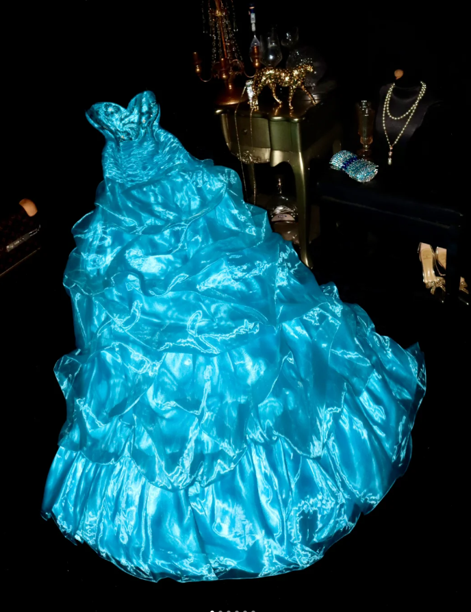 Elegant Strapless Satin Organza Beaded Mermaid Evening Dress Blue Long Party Gown