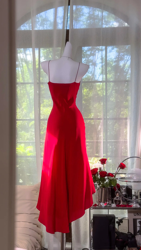 Red halter-neck fitted long ball gown R7627
