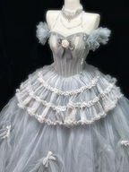 Light gray off-shoulder fitted waist slim-fitting ball gown with a full skirt R8695