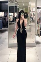 Black halter neck, fitted waist, bodycon, sexy fishtail skirt, long ball gown R7898
