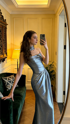Gray-blue strapless fitted satin long ball gown R8574