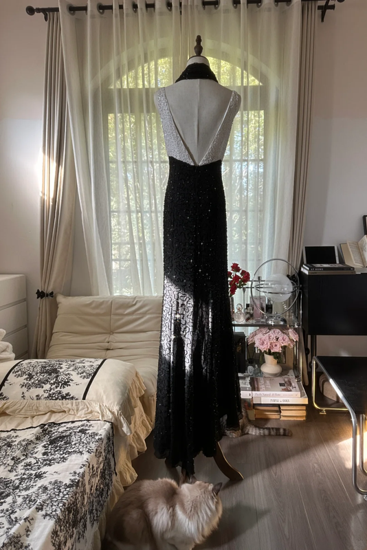 Black and white color-blocked fitted waist slim sexy backless long ball gown R7746
