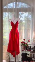 Red halter-neck fitted long ball gown R7627