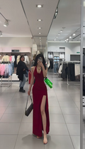 Red halter-neck, fitted waist, and slit long ball gown - sexy and charming R7778