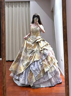 Light yellow strapless, fitted waist, full skirt, long ball gown R8635