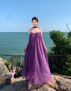 Purple beach dress backless dress loose chiffon suspender long dress seaside holiday dress R1595