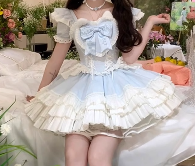 Sweet design sweetheart lolita dress bride bow waist slim flying sleeves puffy princess dress R1680