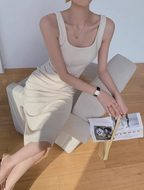 Square neck pleated slim waist suspenders long short hip-wrapped slit dress R1481