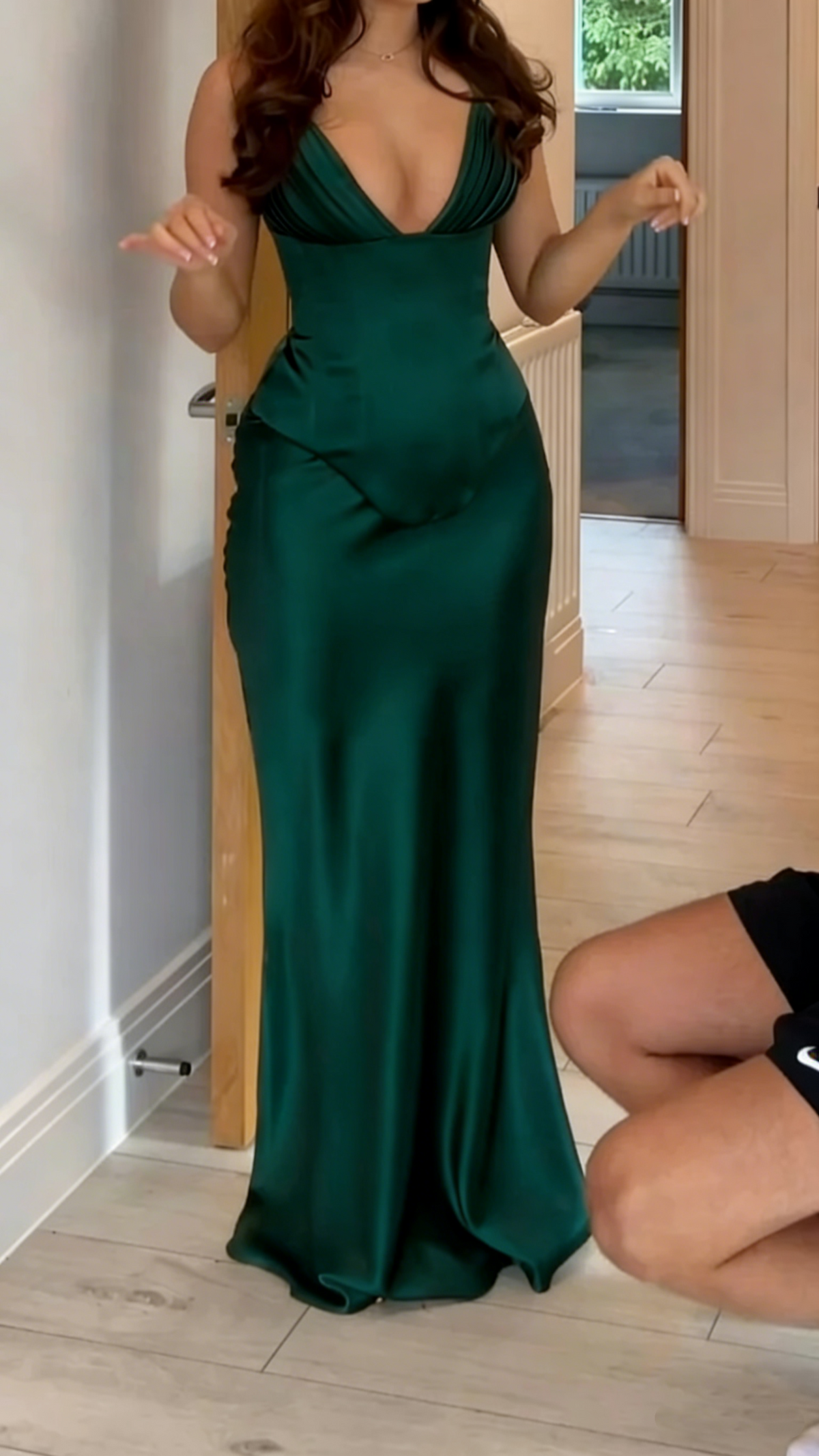 Classy Olive Green V Neck Satin Mermaid Party Dress Long Evening Gown