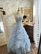 Vintage Princess Light Hazy Blue Strapless Lace Embroidered Tulle Ball Gown Evening Dress cc5377