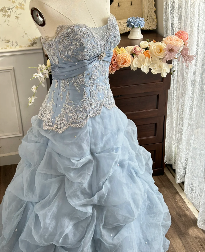 Vintage Princess Light Hazy Blue Strapless Lace Embroidered Tulle Ball Gown Evening Dress cc5377