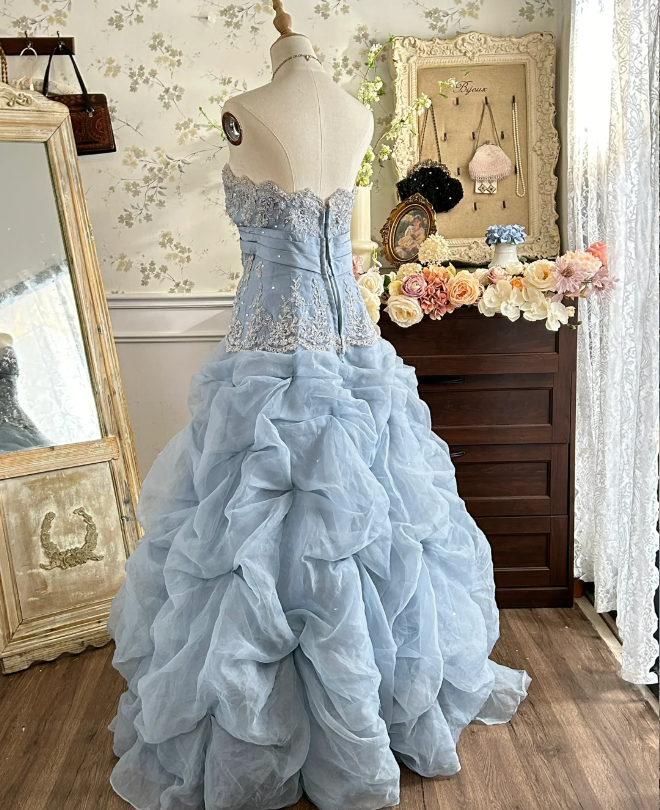 Vintage Princess Light Hazy Blue Strapless Lace Embroidered Tulle Ball Gown Evening Dress cc5377
