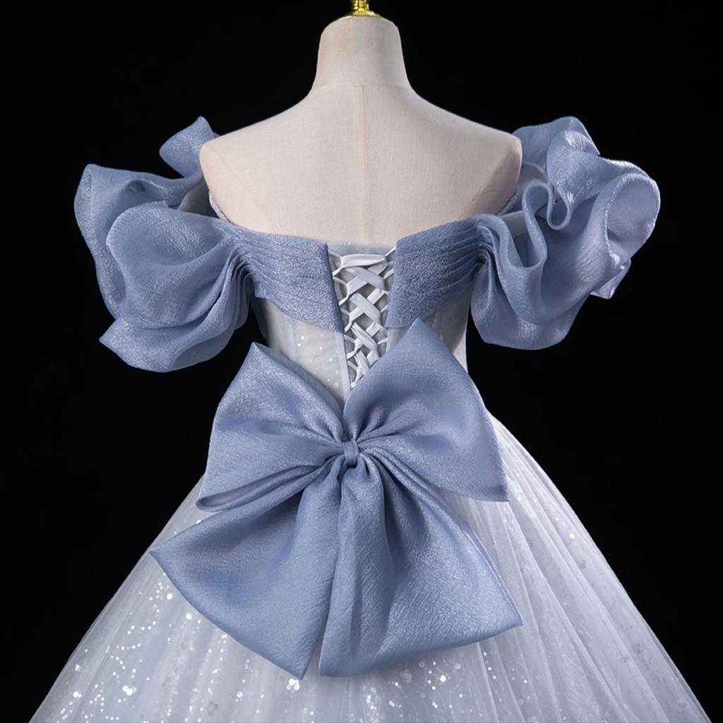 Fairy Blue Tulle Sequins Off the Shoulder Quinceanera Dress Cute Ball Gown With Bow  cc1700