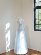 Light blue halter neck fitted waist long ball gown R8448