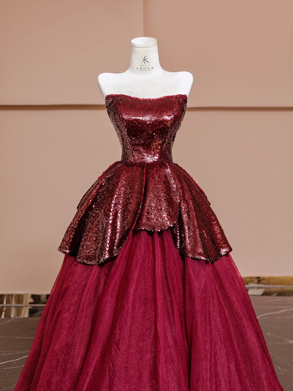 Deep red strapless, fitted waist sequined red ball gown with a full skirt, bridal dress R8360