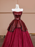 Deep red strapless, fitted waist sequined red ball gown with a full skirt, bridal dress R8360