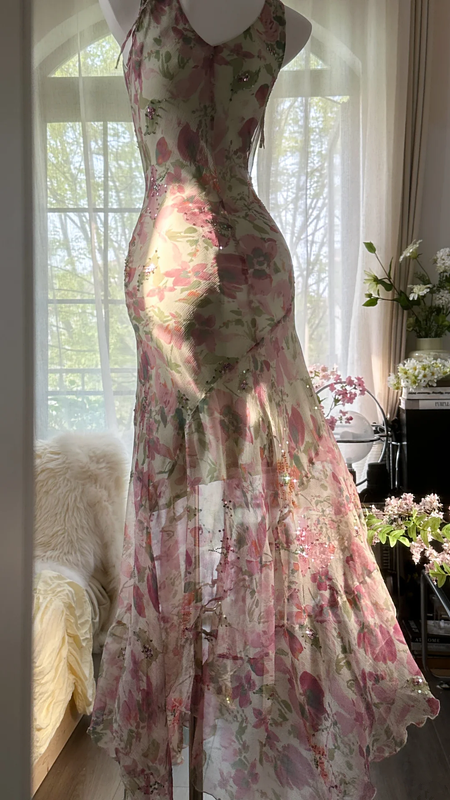 Light pink floral print halter top, fitted waist, irregular hem, long ball gown R7667