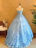 Light Blue Spaghetti-Strap Waist-Cinched Puffball Skirt Ball Gown, Bridal Gown R7358
