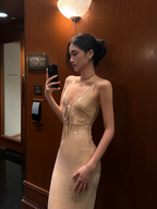 Apricot Spaghetti Strap Sequin-Embellished Waist-Cinched Fitted Sexy Floor-Length Prom Dress R7112
