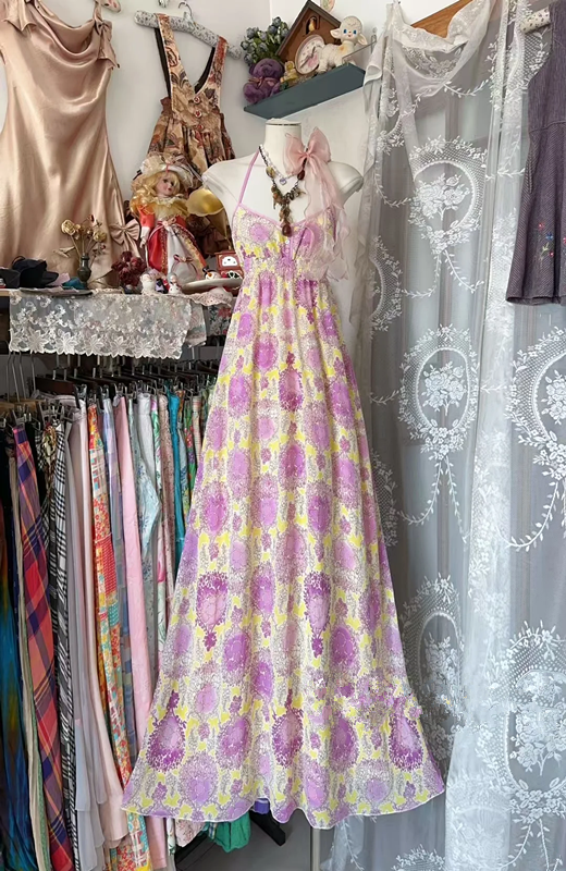 Light purple floral print halter-neck sexy ball gown R7512