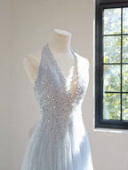 Light blue halter neck fitted waist long ball gown R8448